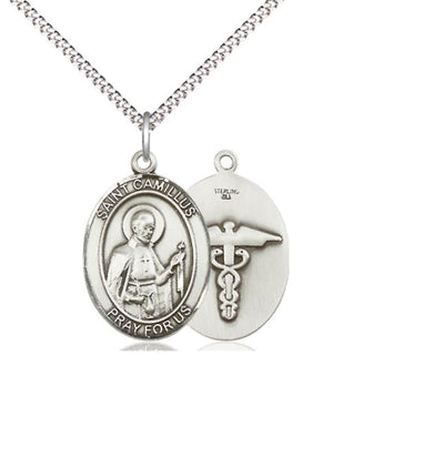 St Camillus of Lellis with Nurse Symbol Medium Sterling Silver Medal with Plated Chain, Bliss Manufacturing