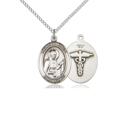 St Camillus of Lellis with Nurse Symbol Medium Sterling Silver Medal with Sterling Chain, Bliss Manufacturing