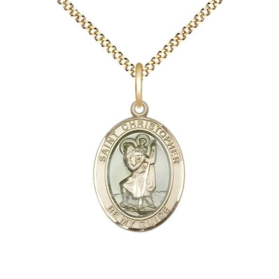 St. Christopher Gold-filled Oval Blue Epoxy Medal with Gold-plated Chain, Measures 3/4-inch tall by 1/2-inch wide, Bliss Manufacturing