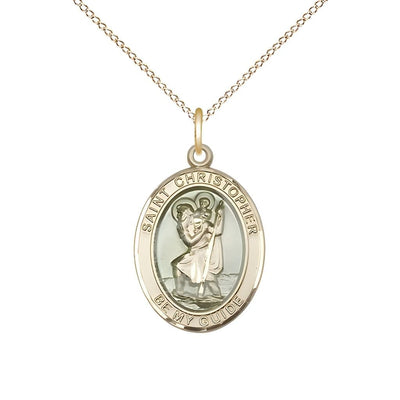 St. Christopher Gold-filled Oval Blue Epoxy Medal with Gold-filled Chain, Measures 3/4-inch tall by 1/2-inch wide, Bliss Manufacturing