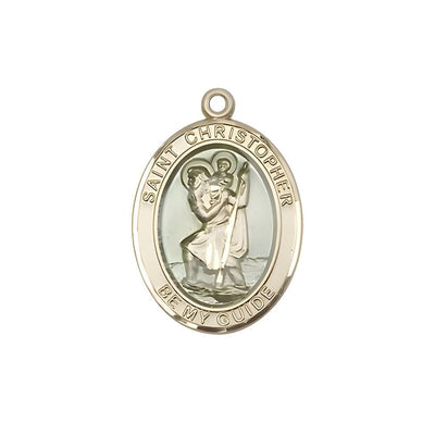 St. Christopher 14kt Gold Oval Blue Epoxy Medal, Measures 3/4-inch tall by 1/2-inch wide, Bliss Manufacturing