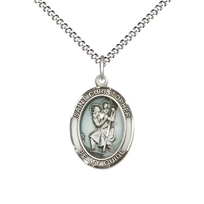 St. Christopher Sterling Silver Oval Blue Epoxy Medal with Rhodium-plated Chain, Measures 3/4-inch tall by 1/2-inch wide, Bliss Manufacturing