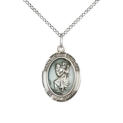 St. Christopher Sterling Silver Oval Blue Epoxy Medal with Sterling Chain, Measures 3/4-inch tall by 1/2-inch wide, Bliss Manufacturing