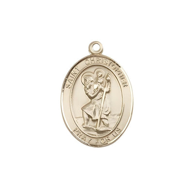 St. Christopher 14kt Gold Oval Medal Pendant, Measures 3/4-inch tall by 1/2-inch wide, Bliss Manufacturing