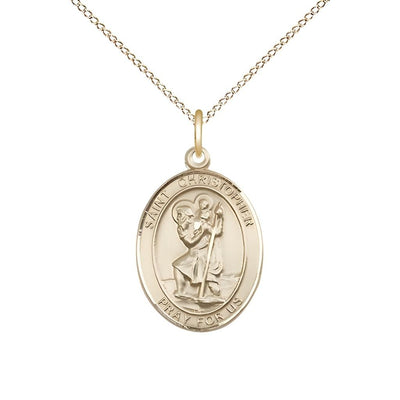 St. Christopher 14kt Gold Oval Medal Pendant with 14kt Gold Chain, Measures 3/4-inch tall by 1/2-inch wide, Bliss Manufacturing