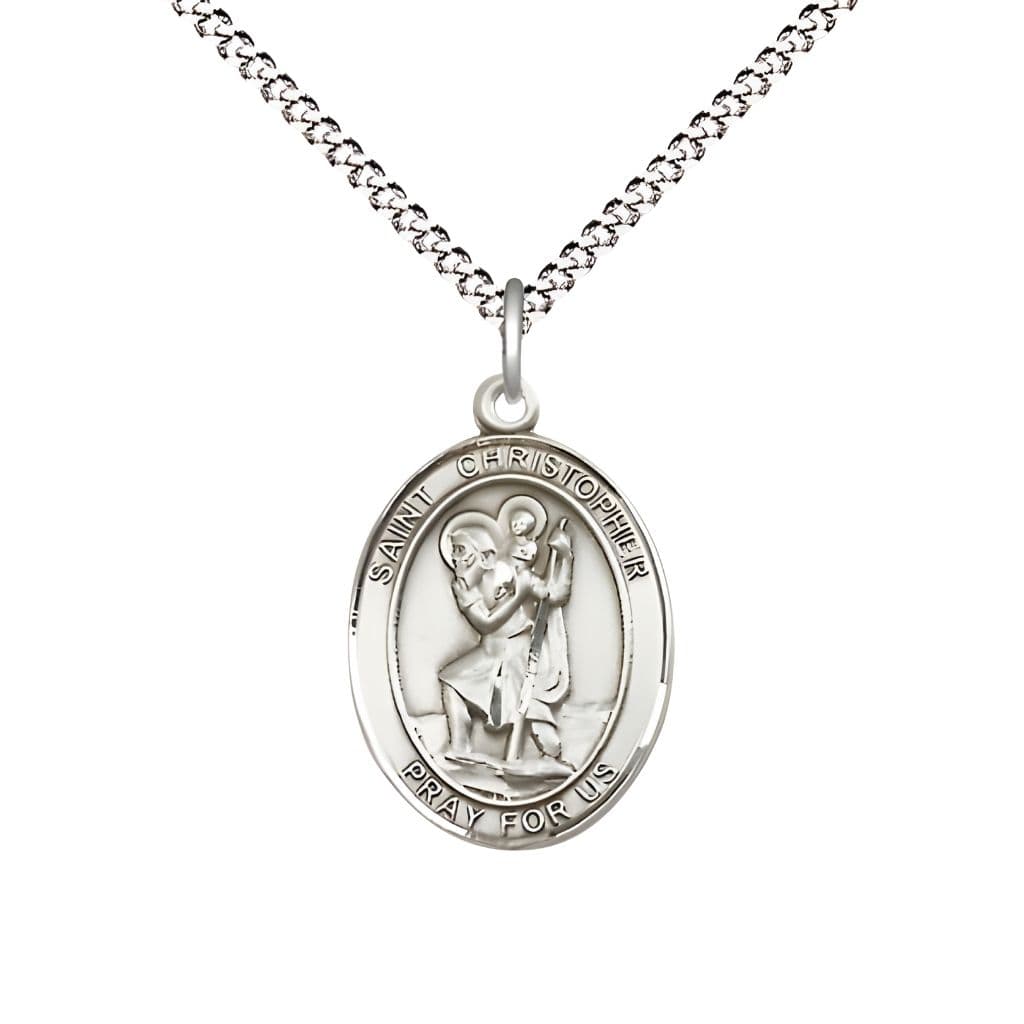 Bliss St. Christopher Pewter Oval Medal Pendant with Rhodium-plated Chain, Measures 3/4-inch tall by 1/2-inch wide.