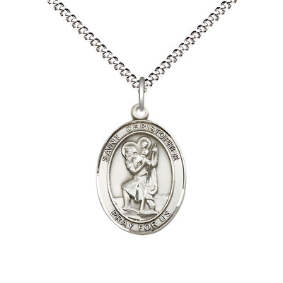 St. Christopher Pewter Oval Medal Pendant with Rhodium-plated Chain, Measures 3/4-inch tall by 1/2-inch wide, Bliss Manufacturing