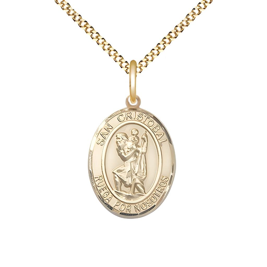 Bliss Spanish San Cristobal Gold-filled Oval Engravable Medal Pendant with Gold-plated Chain, Measures 3/4-inch tall by 1/2-inch wide.