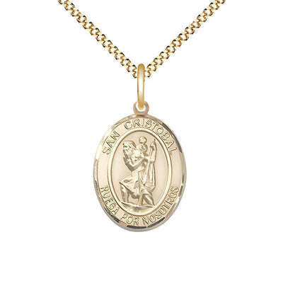 Spanish San Cristobal Gold-filled Oval Engravable Medal Pendant with Gold-plated Chain, Measures 3/4-inch tall by 1/2-inch wide, Bliss Manufacturing