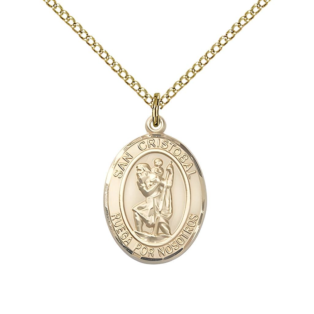 Bliss Spanish San Cristobal Gold-filled Oval Engravable Medal Pendant with Gold-filled Chain, Measures 3/4-inch tall by 1/2-inch wide.