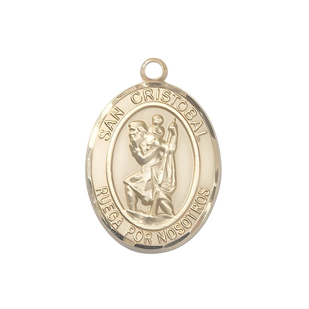 Bliss Spanish San Cristobal 14kt Gold Oval Engravable Medal Pendant, Measures 3/4-inch tall by 1/2-inch wide.