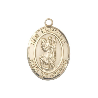 Spanish San Cristobal 14kt Gold Oval Engravable Medal Pendant, Measures 3/4-inch tall by 1/2-inch wide, Bliss Manufacturing