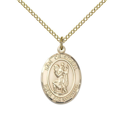 Spanish San Cristobal 14kt Gold Oval Engravable Medal Pendant with 14kt Gold Chain, Measures 3/4-inch tall by 1/2-inch wide, Bliss Manufacturing