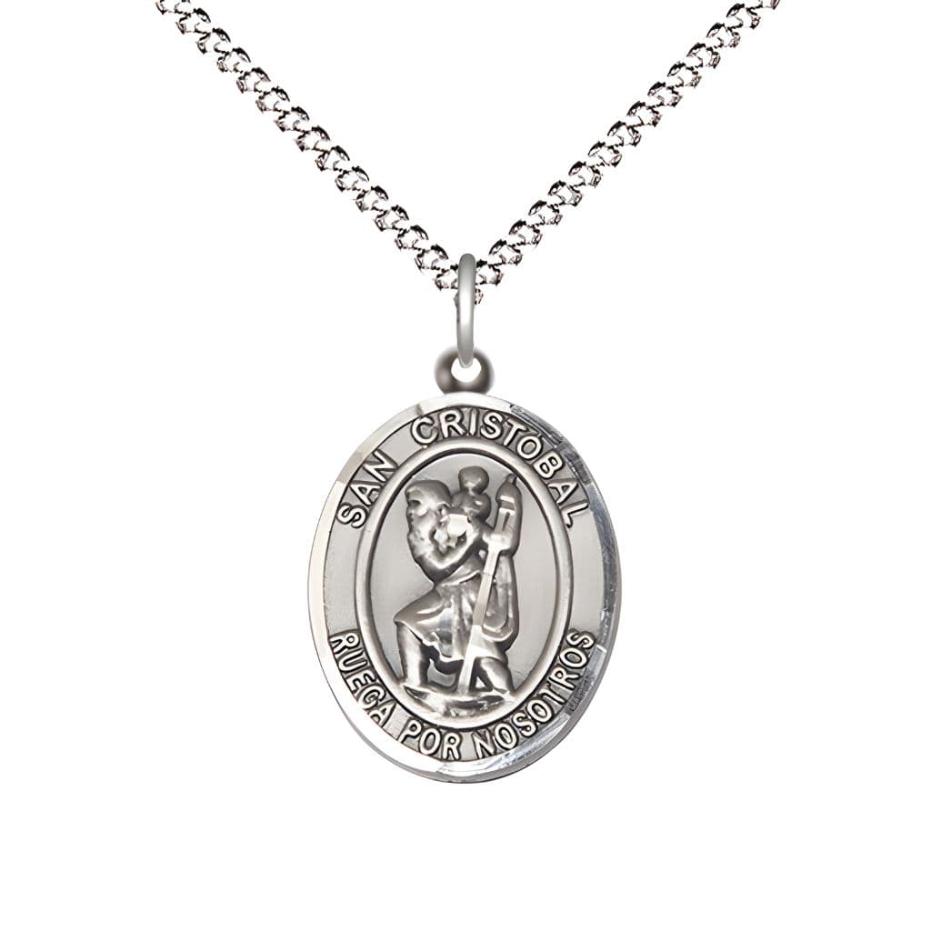 Bliss Spanish San Cristobal Pewter Oval Engravable Medal Pendant with Rhodium-plated Chain, Measures 3/4-inch tall by 1/2-inch wide.