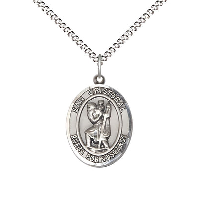 Spanish San Cristobal Pewter Oval Engravable Medal Pendant with Rhodium-plated Chain, Measures 3/4-inch tall by 1/2-inch wide, Bliss Manufacturing