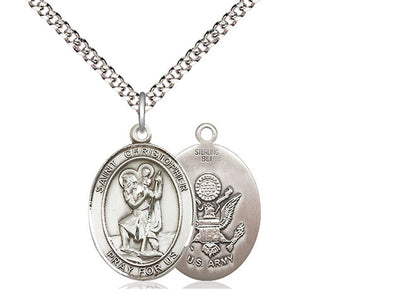 St. Christopher & Army Catholic Patron Saint Medal, sterling silver, Bliss Manufacturing