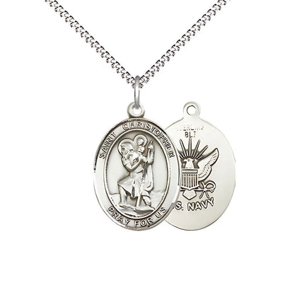 St, Christopher and U.S. Navy Emblem Sterling Silver Medal with Plated Chain, 3/4-inch, Bliss Manufacturing
