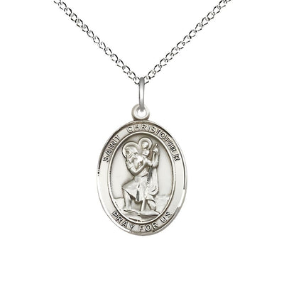 St. Christopher Sterling Silver Oval Medal Pendant with Sterling Silver Chain, Measures 3/4-inch tall by 1/2-inch wide, Bliss Manufacturing