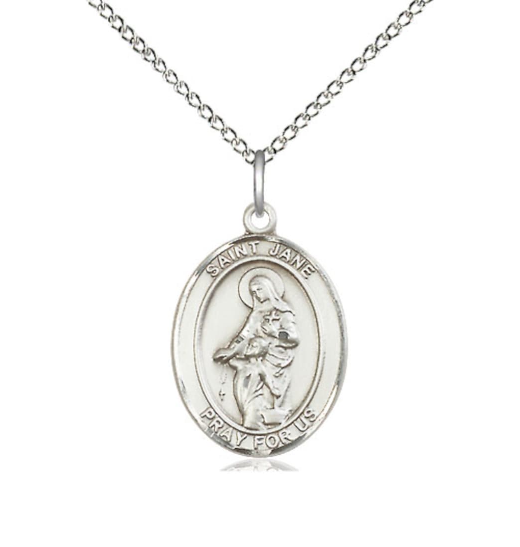 Bliss St Jane of Valois Sterling Silver Oval Medium Medal Necklace with Sterling Chain,