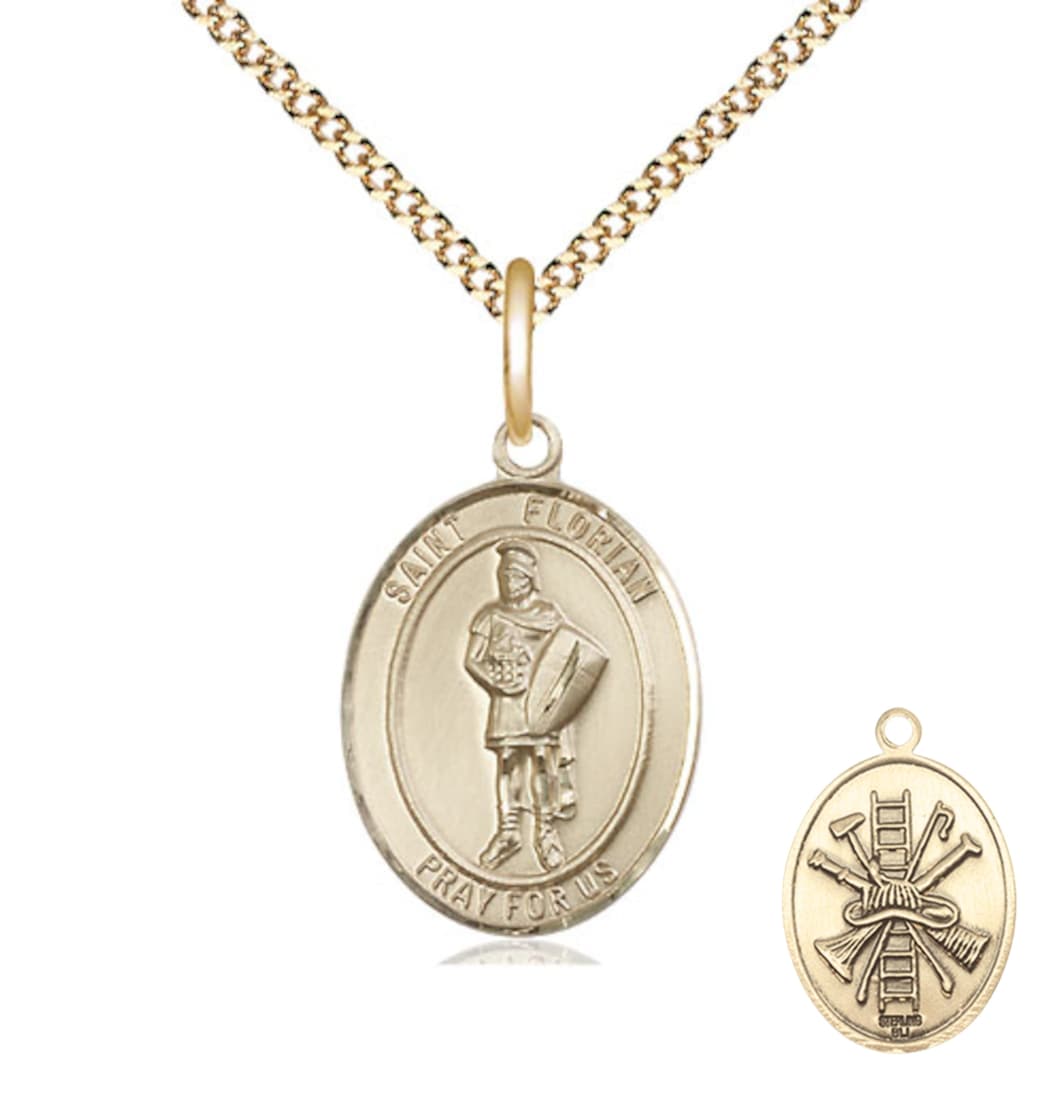 Bliss St Florian w/ Fire Gear on the Back Gold-filled Medium Medal Pendant with Plated Chain,