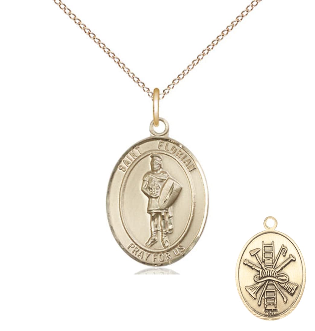 Bliss St Florian w/ Fire Gear on the Back Gold-filled Medium Medal Pendant with Gold-filled Chain,