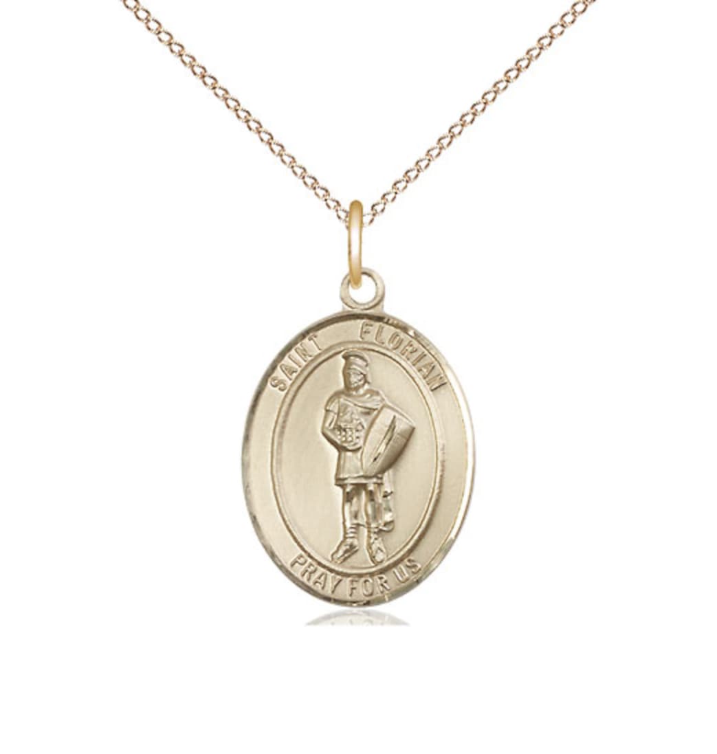 Bliss St Florian 14kt Gold Engravable Oval Medium Medal Pendant with 14kt Chain,