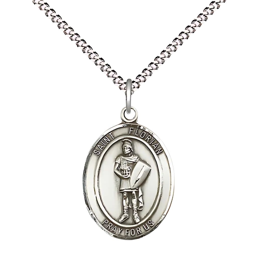Bliss St Florian Pewter Oval Engravable Medal Necklace with Plated Chain, Measures 3/4-inch tall by 1/2-inch wide