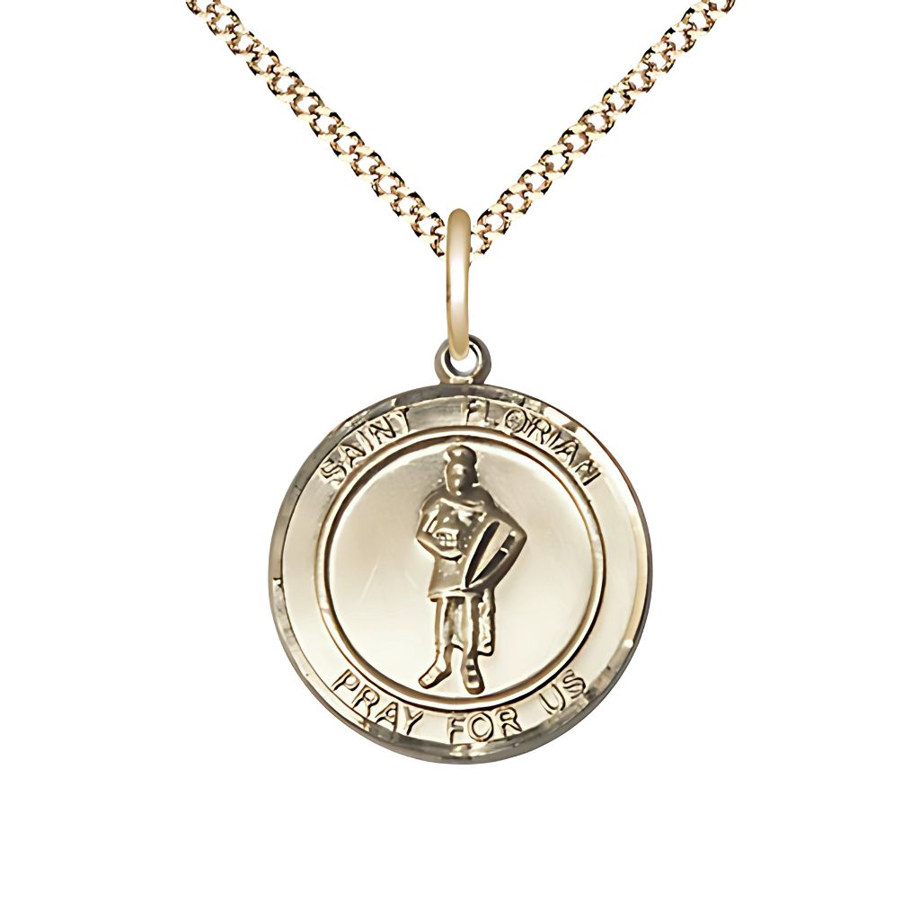 St. Florian 14kt Gold-filled Round Medal with Gold-plated Chain, Measures 3/4-inch tall by 5/8-inch wide, Bliss USA