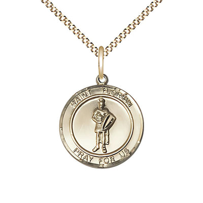 St. Florian 14kt Gold-filled Round Medal with Gold-plated Chain, Measures 3/4-inch tall by 5/8-inch wide, Bliss Manufacturing