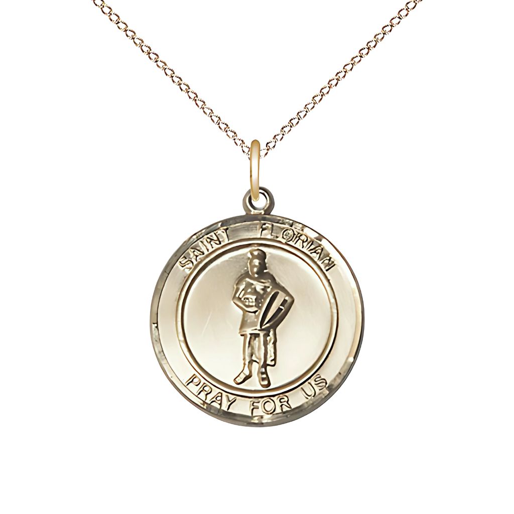 St. Florian 14kt Gold-filled Round Medal with Gold-filled Chain, Measures 3/4-inch tall by 5/8-inch wide, Bliss USA