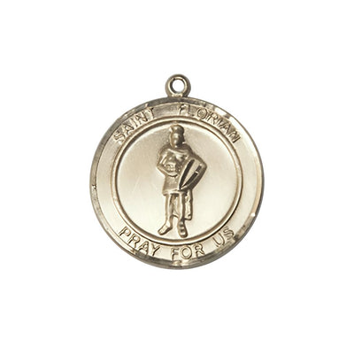 St. Florian 14kt Gold Round Medal, Medal Medal Measures 3/4-inch tall by 5/8-inch wide, Bliss Manufacturing