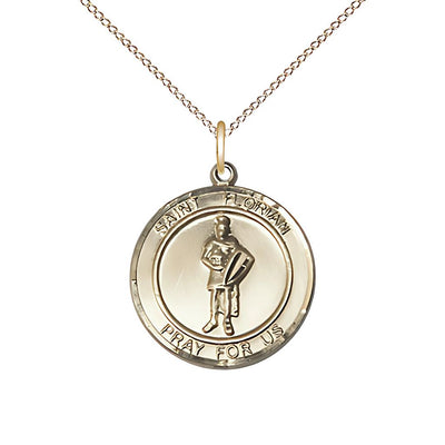St. Florian 14kt Gold Round Medal with 14kt Gold Chain, Medal Medal Measures 3/4-inch tall by 5/8-inch wide, Bliss Manufacturing