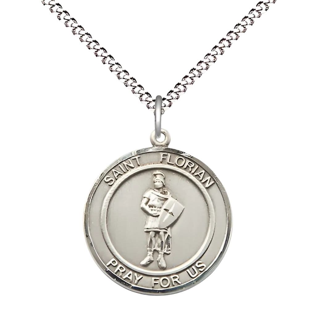 St. Florian Pewter Round Medal with Rhodium-plated Light Curb Chain, Measures 3/4-inch tall by 5/8-inch wide