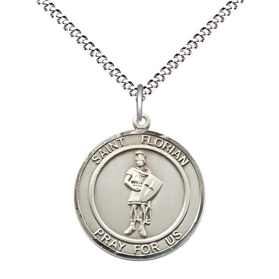 St. Florian Sterling Silver Round Medal with Rhodium-plated Chain, Measures 3/4-inch tall by 5/8-inch wide, Bliss Manufacturing