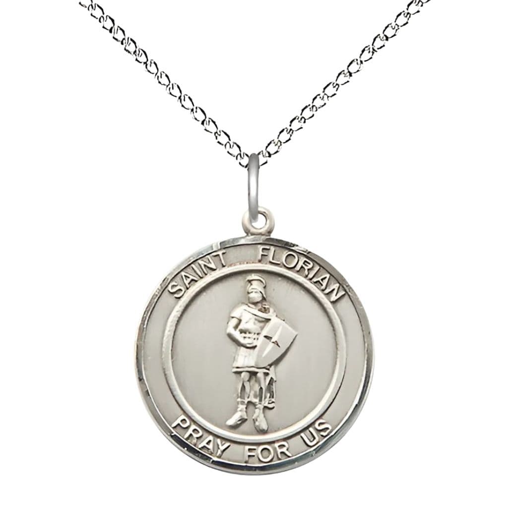 St. Florian Sterling Silver Round Medal with Sterling Silver Chain, Measures 3/4-inch tall by 5/8-inch wide
