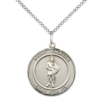 St. Florian Sterling Silver Round Medal with Sterling Silver Chain, Measures 3/4-inch tall by 5/8-inch wide, Bliss Manufacturing