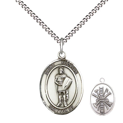 St. Florian firefighter sterling silver medal with plated chain and fire gear, Measures 3/4-inch tall by 1/2-inch wide, Bliss Manufacturing