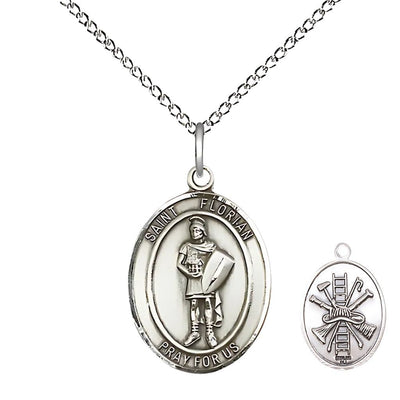 St. Florian firefighter sterling silver medal with sterling chain and fire gear, Measures 3/4-inch tall by 1/2-inch wide, Bliss Manufacturing