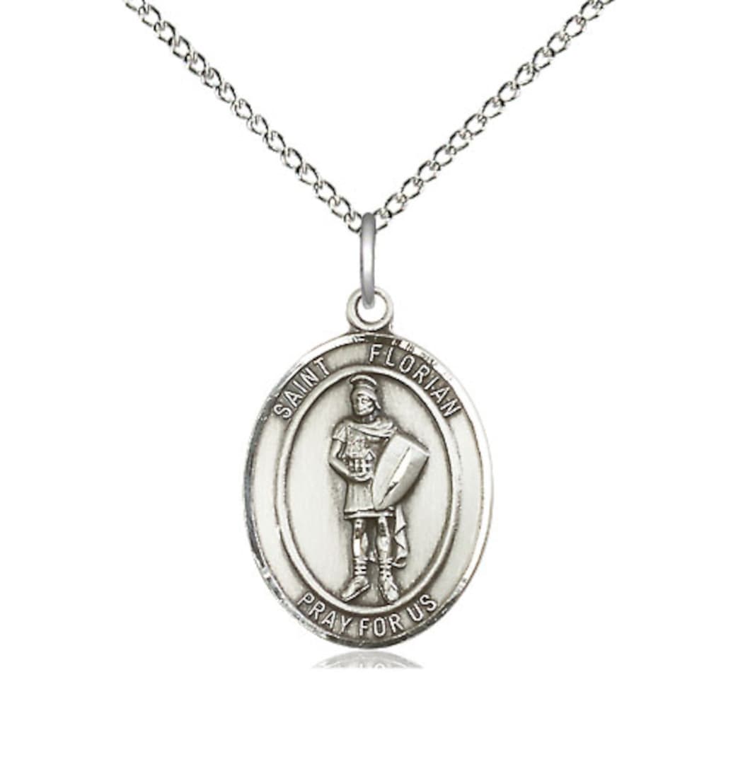 Bliss St Florian w/ Fire Gear on the Back Sterling Silver Medium Medal Necklace,Sterling Chain,