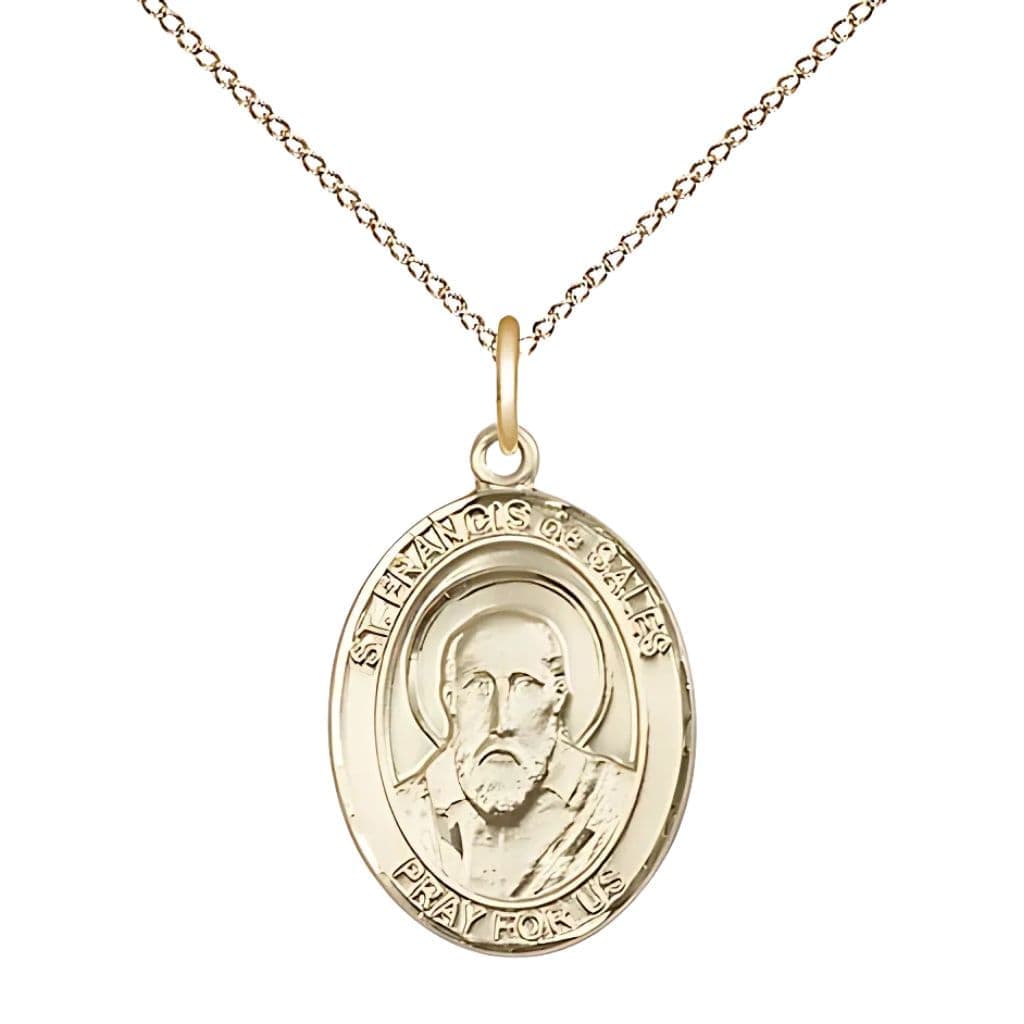 St. Francis de Sales 14kt Gold Oval Medal, 3/4-inch, 14kt Gold Chain,