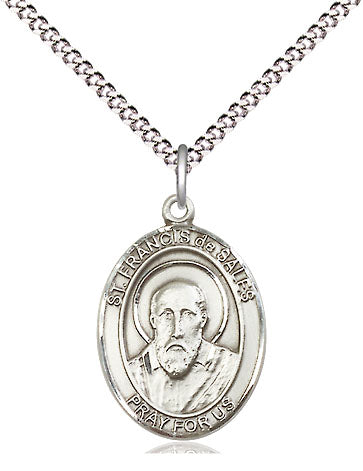 Bliss Manufacturing Medium Pewter St Francis de Sales Pendant on a 18 inch Light Rhodium Light Curb Chain