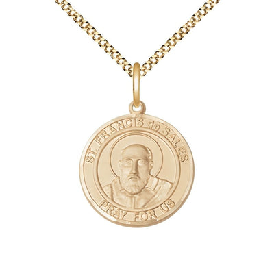 St. Francis de Sales 14kt Gold-filled Round Medal Pendant with Gold-plated Chain, Measures 3/4-inch tall by 5/8-inch wide, Bliss Manufacturing