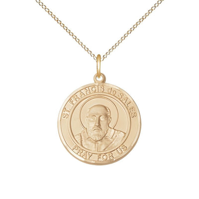 St. Francis de Sales 14kt Gold-filled Round Medal Pendant with Gold-filled Chain, Measures 3/4-inch tall by 5/8-inch wide, Bliss Manufacturing
