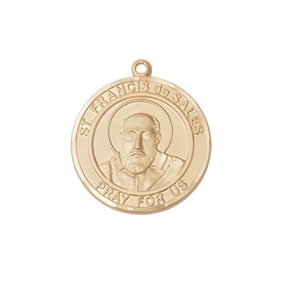 St. Francis de Sales 14kt Gold Round Medal Pendant, Measures 3/4-inch tall by 5/8-inch wide, Bliss Manufacturing