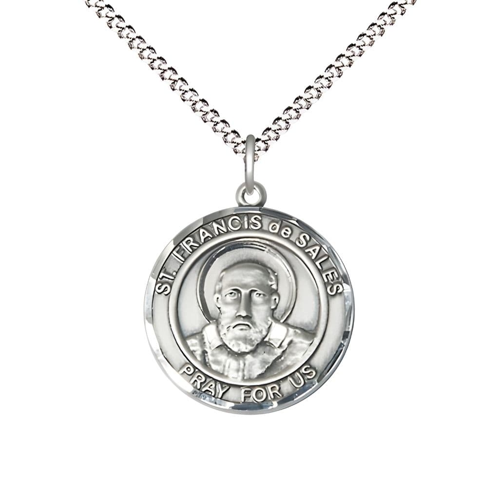 Bliss St. Francis de Sales Pewter Round Medal Pendant with Rhodium-plated Chain, Measures 3/4-inch tall by 5/8-inch wide.