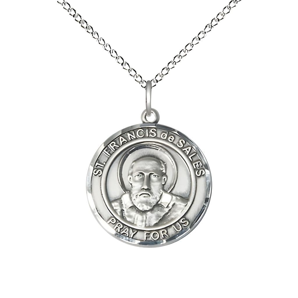 Bliss St. Francis de Sales Sterling Silver Round Medal Pendant with Sterling Chain, Measures 3/4-inch tall by 5/8-inch wide.