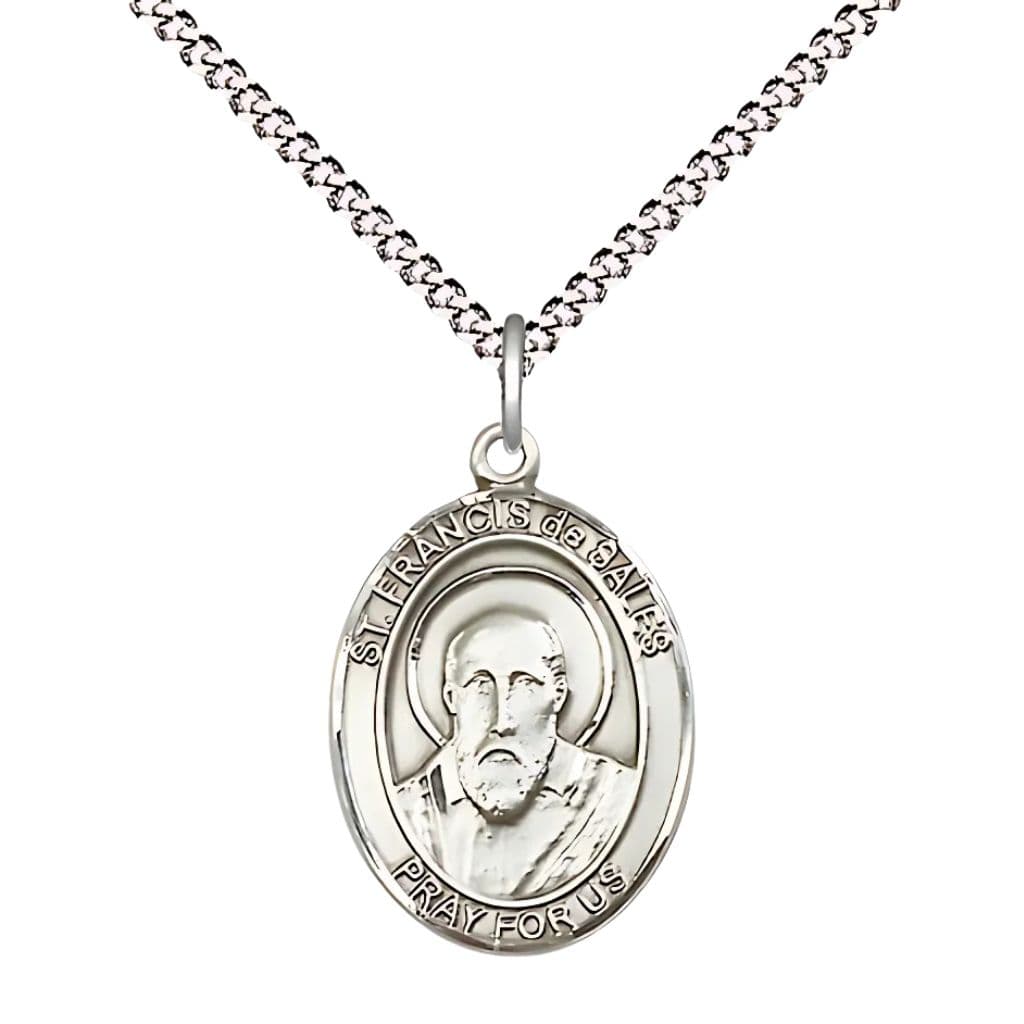 St. Francis de Sales Sterling Silver Oval Engravable Medal Necklace with Plated Chain, 3/4-inch,