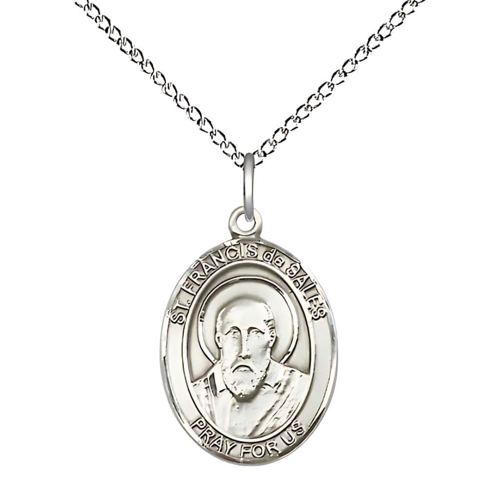 St. Francis de Sales Sterling Silver Oval Engravable Medal Necklace with Sterling Silver Chain, 3/4-inch,