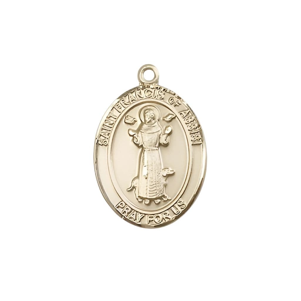St. Francis of Assisi 14kt Gold Oval Medal, Measures 3/4-inch tall by 1/2-inch wide