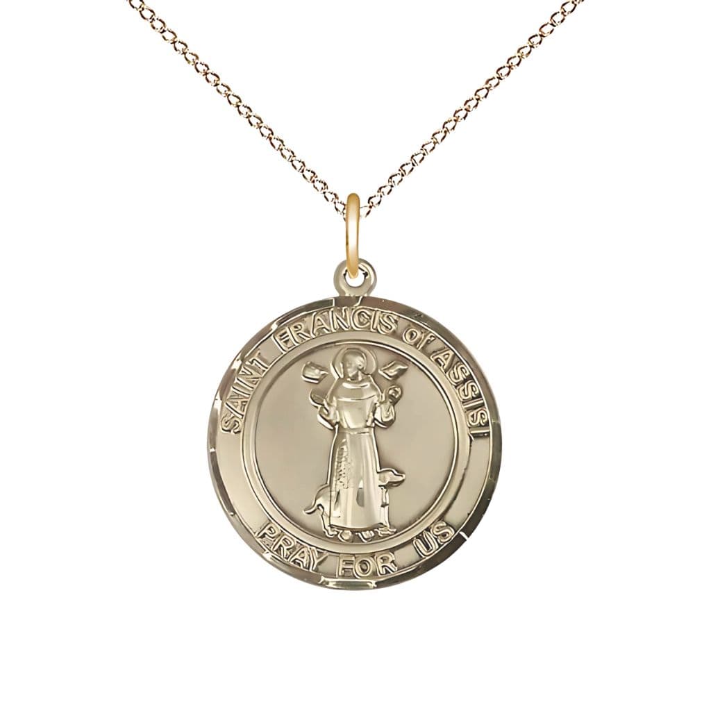 Bliss St. Francis of Assisi 14kt Gold Round Medal with 14kt Gold Chain, 3/4-inch tall by 5/8-inch wide